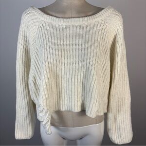 UNIF Cream Off-the-Shoulder Distressed Retro Sweater L